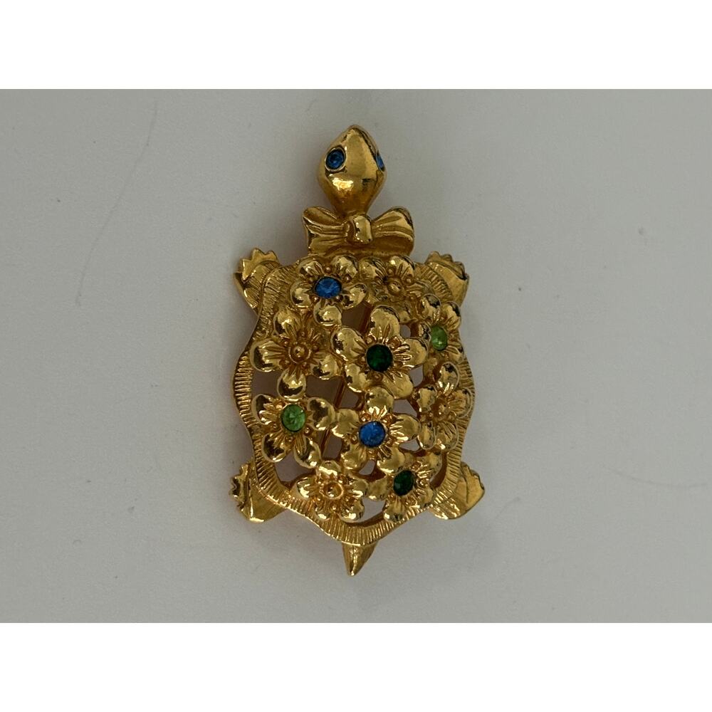 Vintage Avon 1994 Flower Power Turtle Brooch Gold Tone Green Blue Rhinestones